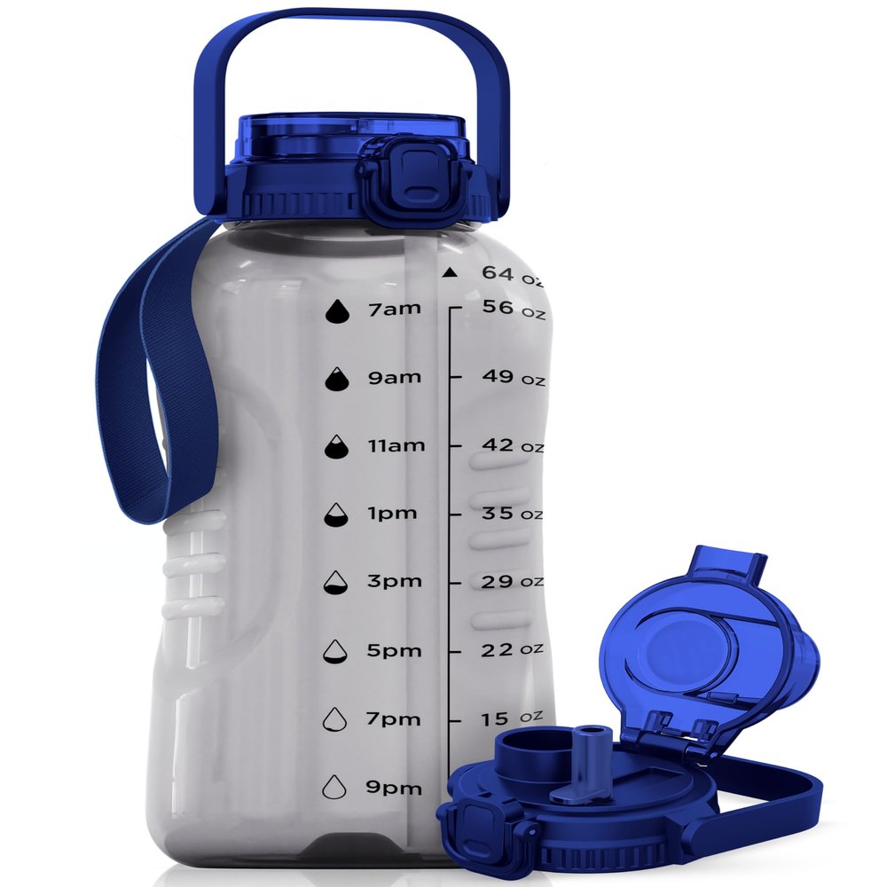 AQUAFIT 64 oz Water Bottle with Time Marker - 2in1 Straw & Chug Lid - BPA Free Big Water Bottle with Straw - Gym Water Bottle with Strap - Water Jug (64 Ounces, Clarity)