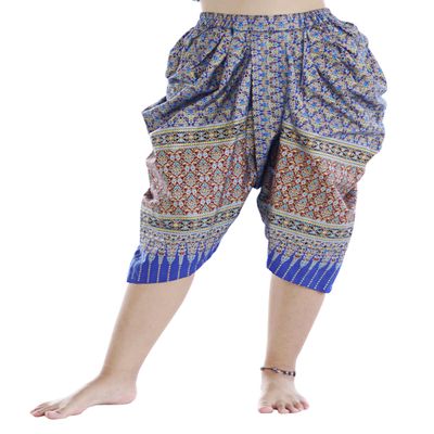 RaanPahMuang Sukhothai Traditional Mixed Fabric JonGrabaen Thai Pants, Small-Medium, Batik Cotton - Sukhothai - Blue