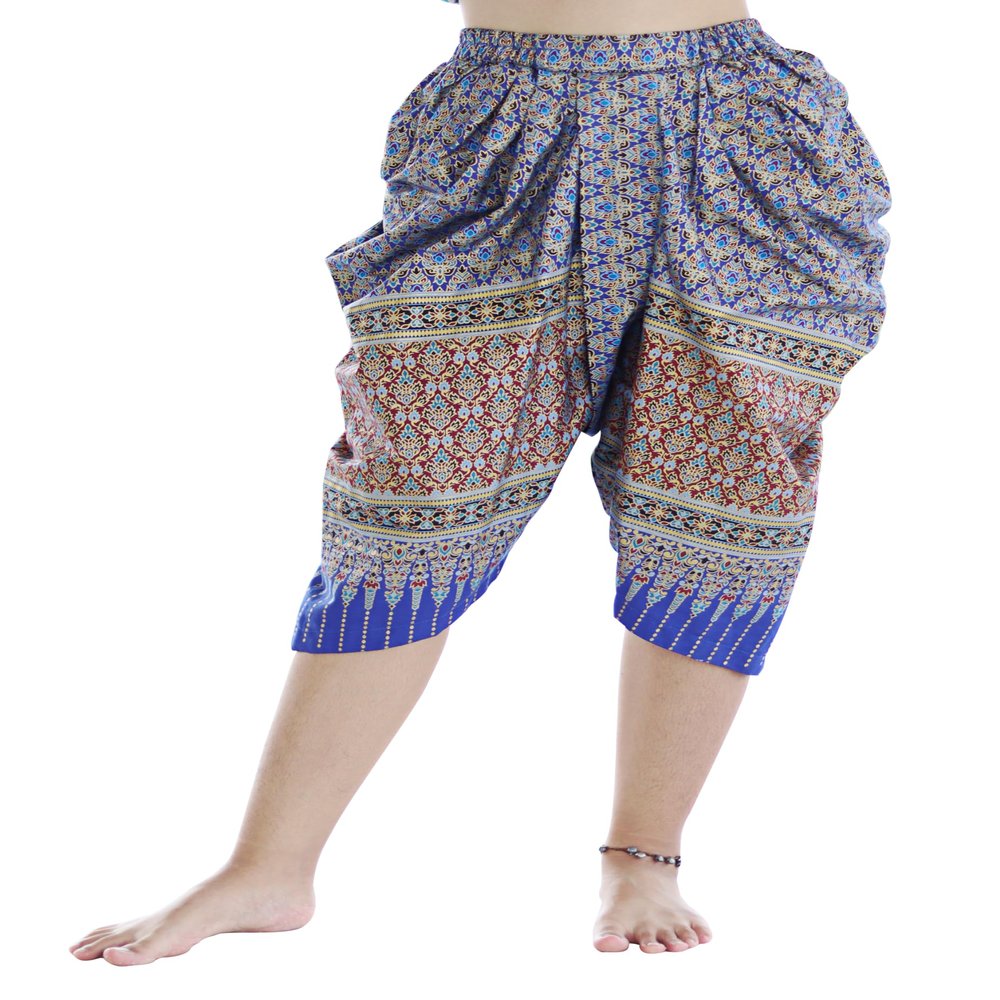 RaanPahMuang Sukhothai Traditional Mixed Fabric JonGrabaen Thai Pants, Small-Medium, Batik Cotton - Sukhothai - Blue