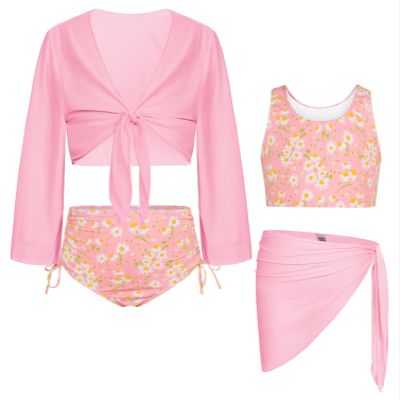 Girls Floral Bathing Suit Long Sleeve Kimono 4 Piece Swimsuits for Girls 10-12 with Cover Up