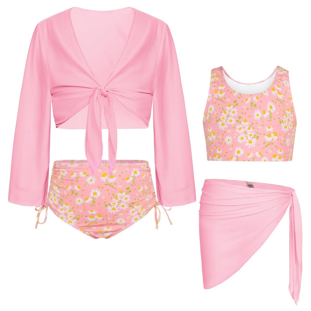 Girls Floral Bathing Suit Long Sleeve Kimono 4 Piece Swimsuits for Girls 10-12 with Cover Up