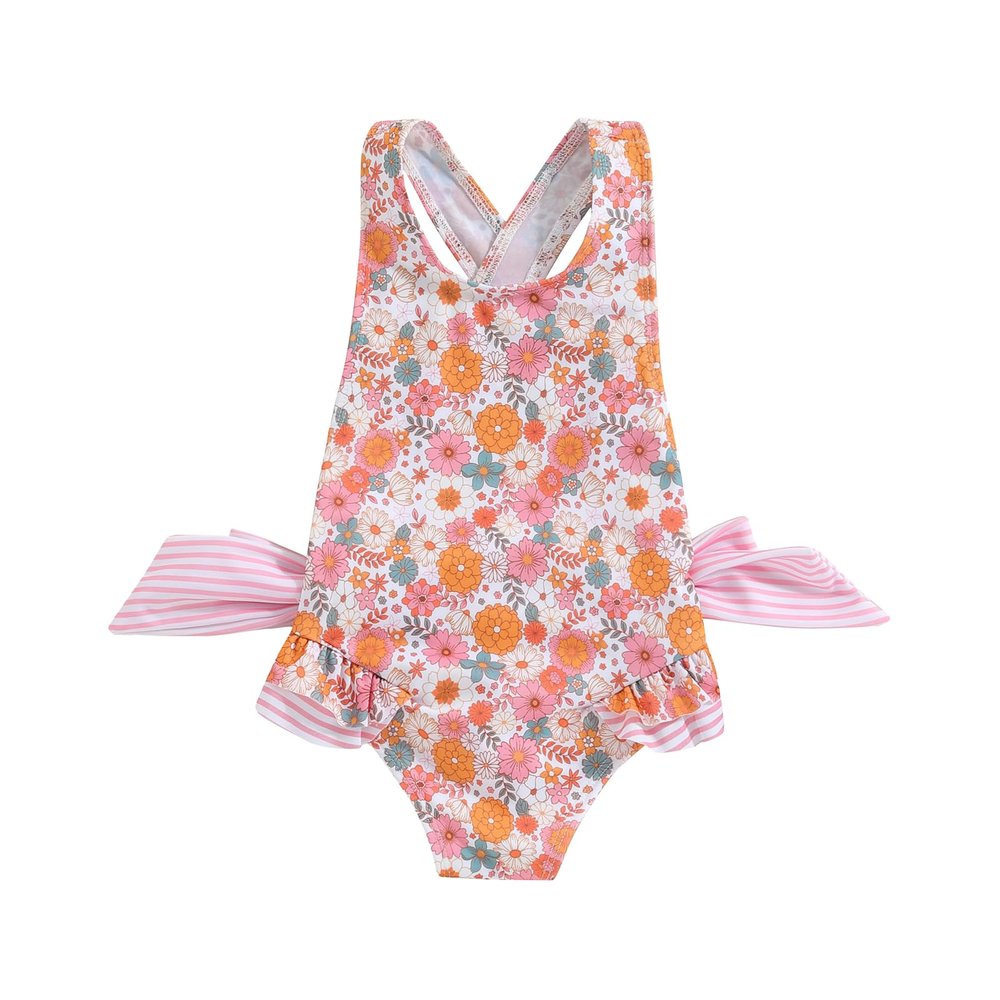 Toddler Kids Girl One Piece Swimsuit Floral Sleeveless Backless Swimwear Bowknot Ruffled Bathing Suit Beachwear (B-Orange, 2-3 Years)