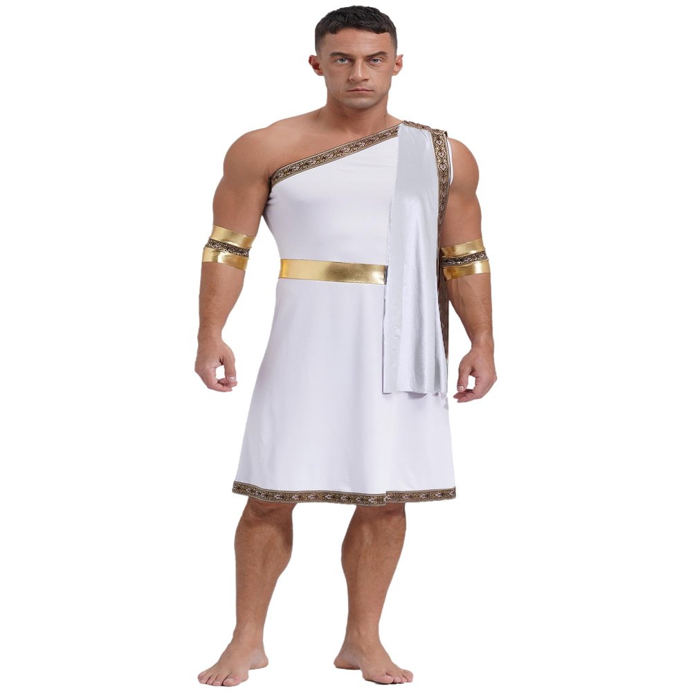winying Mens Ancient Greek Toga Costume Medieval Roman Robe Dress for Halloween Carnival Party Cosplay White Medium