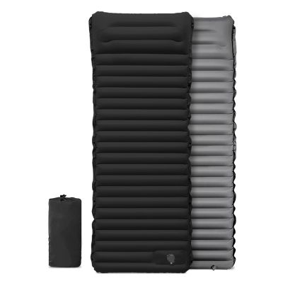 2pcs Inflatable Camping Sleeping Pad with Pillow Built-in Foot Pump Extra Thick and Wide Ultimate Comfortable Compact Camp Air Mat for Tent Car Traveling and Backpacking, Black-Grey