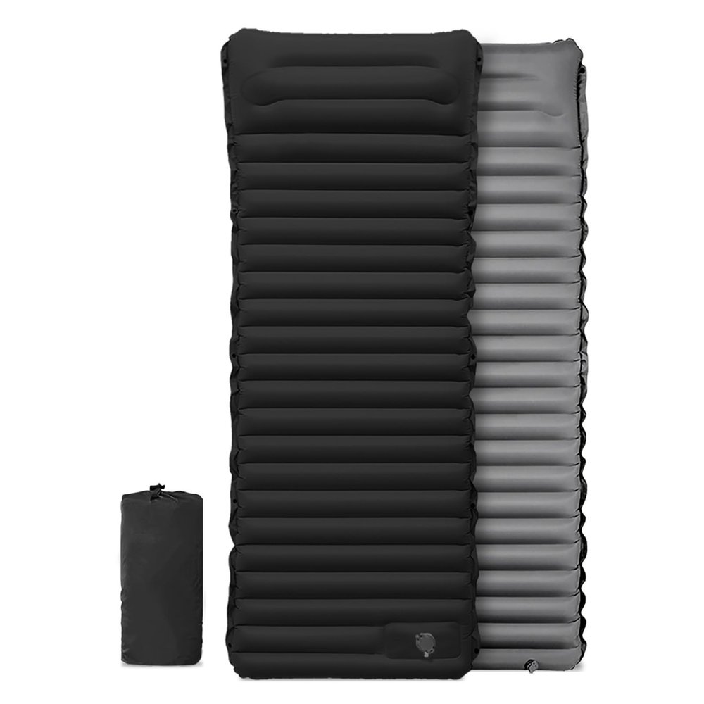 2pcs Inflatable Camping Sleeping Pad with Pillow Built-in Foot Pump Extra Thick and Wide Ultimate Comfortable Compact Camp Air Mat for Tent Car Traveling and Backpacking, Black-Grey