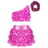 FEESHOW Kids Girls Sparkle Crop Tops with Skirts Outftis for Hip Hop Jazz Disco Party Dancing Performing Costume Hot Pink 16 Years view 1