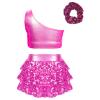 FEESHOW Kids Girls Sparkle Crop Tops with Skirts Outftis for Hip Hop Jazz Disco Party Dancing Performing Costume Hot Pink 16 Years view 2