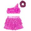 FEESHOW Kids Girls Sparkle Crop Tops with Skirts Outftis for Hip Hop Jazz Disco Party Dancing Performing Costume Hot Pink 16 Years view 3