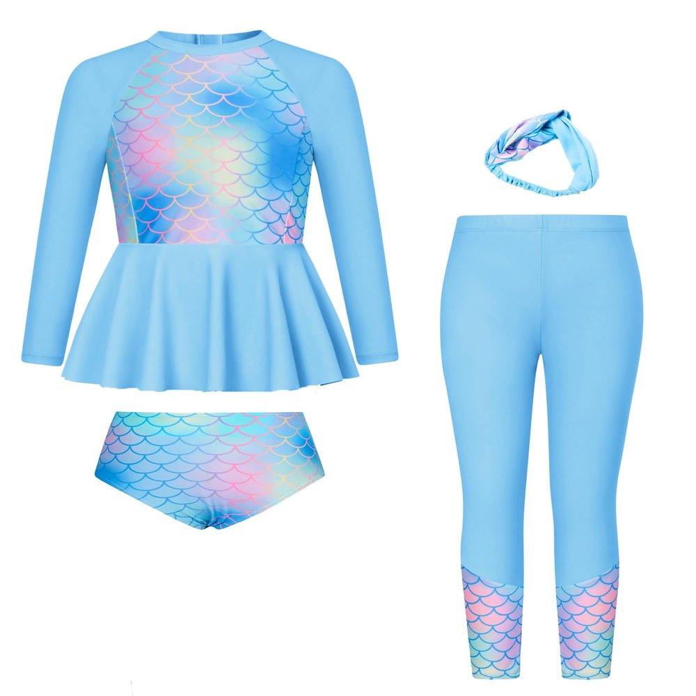 Girls Swimsuit Size 5-6 Long Sleeve Mermaid Rashguard Swimwear