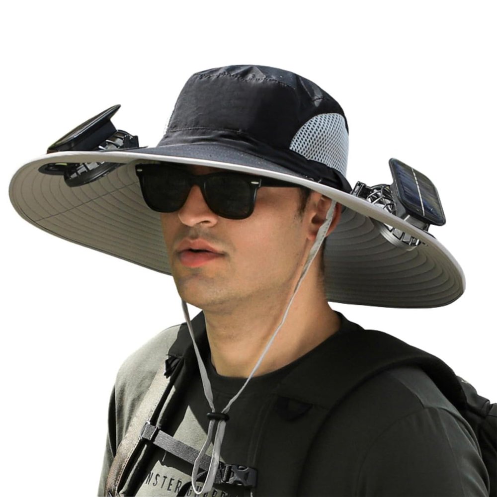 DASHENRAN Outdoor Wide Brim Sun Hat with Solar Fan-Fishing Hat Solar & USB Charging, Solar Fan Hats, Upf50+ (US, Alpha, One Size, Black)