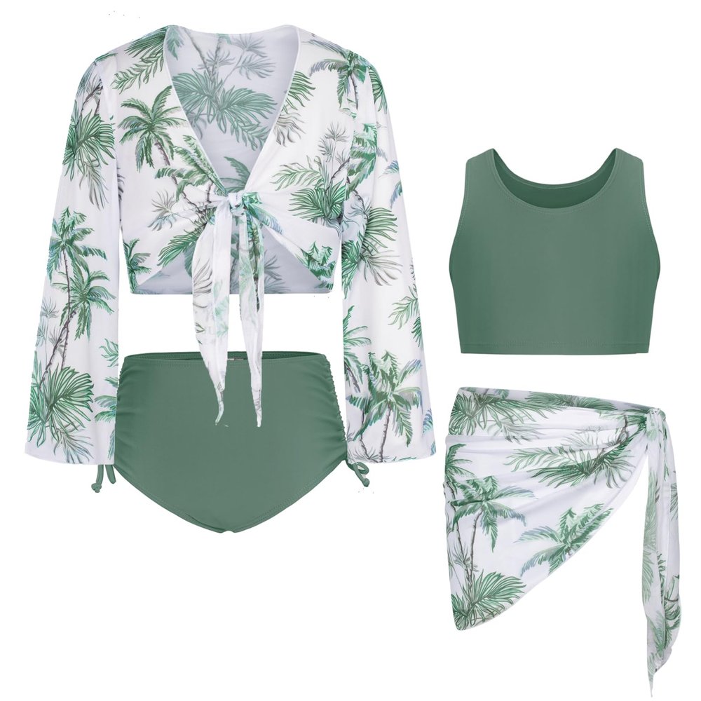 GRACE KARIN Girls Swimsuits Size 10-12 Green Coconut Taniki Bikini Set Cute Bathing Suit with Cover Up