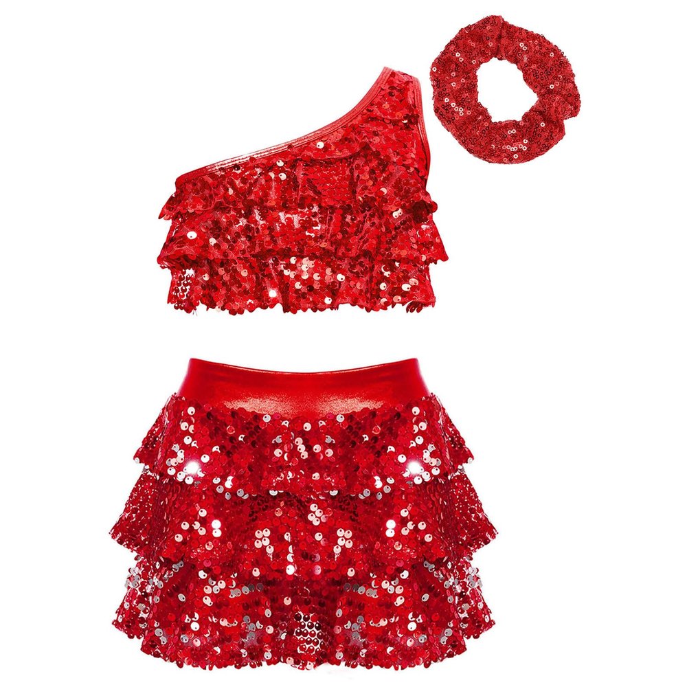 FEESHOW Kids Girls Sparkle Crop Tops with Skirts Outftis for Hip Hop Jazz Disco Party Dancing Performing Costume Red 10 Years
