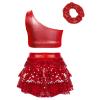 FEESHOW Kids Girls Sparkle Crop Tops with Skirts Outftis for Hip Hop Jazz Disco Party Dancing Performing Costume Red 10 Years view 2