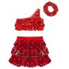 FEESHOW Kids Girls Sparkle Crop Tops with Skirts Outftis for Hip Hop Jazz Disco Party Dancing Performing Costume Red 10 Years view 3
