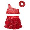 FEESHOW Kids Girls Sparkle Crop Tops with Skirts Outftis for Hip Hop Jazz Disco Party Dancing Performing Costume Red 10 Years view 4