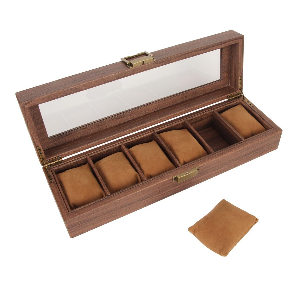XHTLLO Wooden Watch Box with Glass Lid Display Case for 6 Watches, Soft Removable Slots Large Capacity Storage Organizer(6 bits)