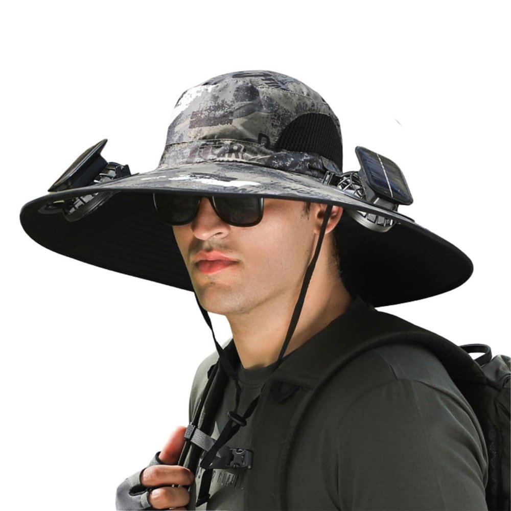DASHENRAN Outdoor Wide Brim Sun Hat with Solar Fan-Fishing Hat Solar & USB Charging, Solar Fan Hats, Upf50+ (US, Alpha, One Size, Camouflage F)
