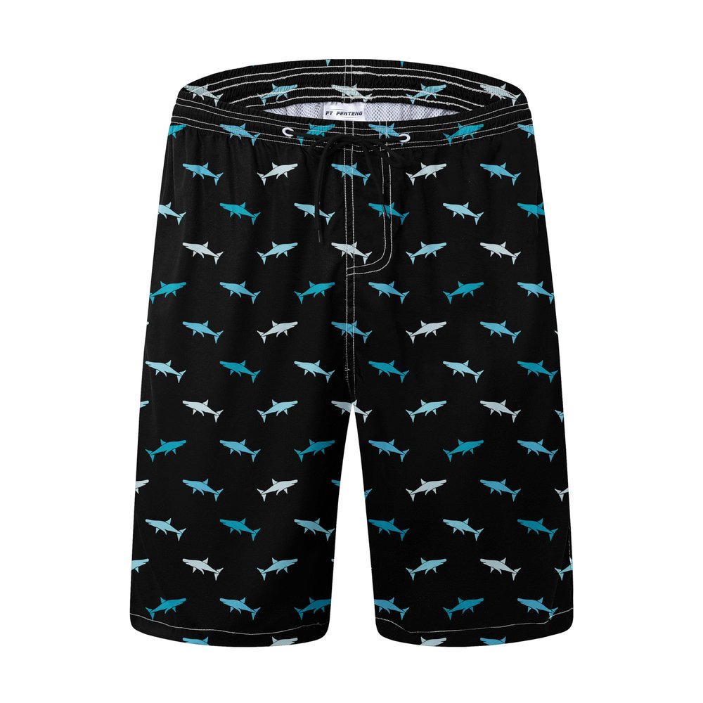 FT FENTENG Mens Swim Trunks, Blue Grey Shark Board Shorts Swimwear Bathing Suit with Mesh Lining, Funny Hawaii Quick Dry Beach Shorts for Swimming, 3X-Large