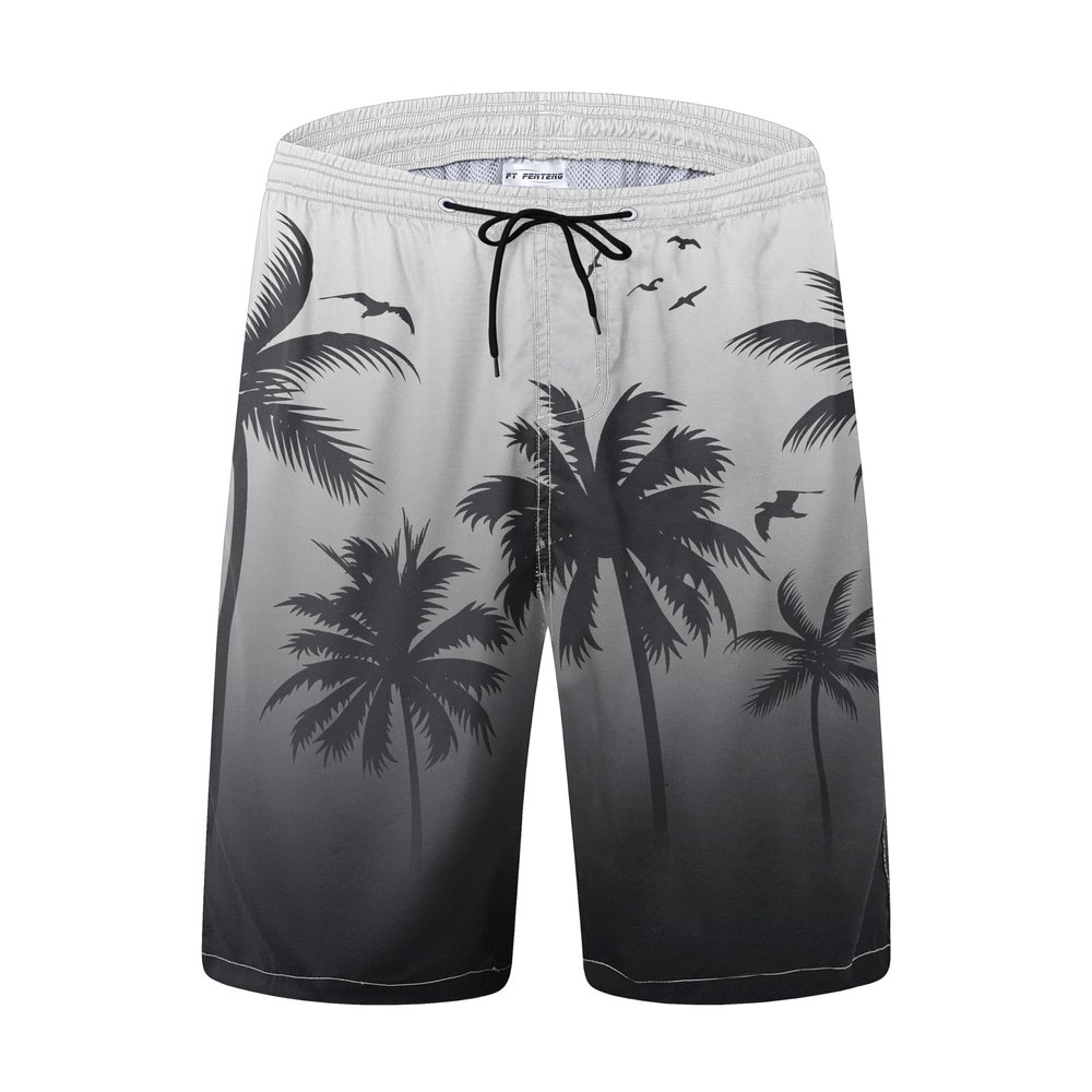 FT FENTENG Mens Swim Trunks, Black Grey Palm Tree Board Shorts Swimwear Bathing Suit with Mesh Lining, Funny Hawaii Quick Dry Beach Shorts for Swimming, Medium