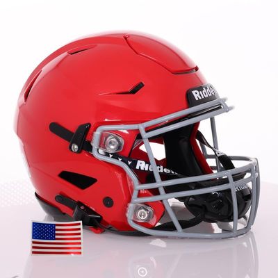 Riddell SpeedFlex Adult w/Light Gray SF-2BD Facemask + US Flag Decal (Scarlet Helmet, Large Helmet) - Green Gridiron