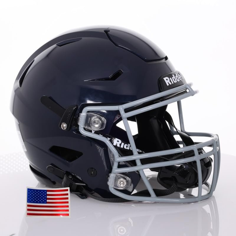 Riddell SpeedFlex Adult w/Light Gray SF-2BD Facemask + US Flag Decal (Navy Helmet, Small Helmet) - Green Gridiron