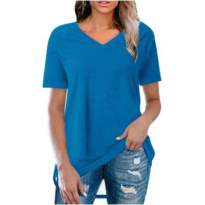 XUNRYAN Womens V-Neck Tops Summer Solid Short Sleeve T Shirt 2024 Trendy Basic Tee Casual Tunic Blouses Fashion Clothes Sky Blue
