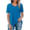 XUNRYAN Womens V-Neck Tops Summer Solid Short Sleeve T Shirt 2024 Trendy Basic Tee Casual Tunic Blouses Fashion Clothes Sky Blue view 2