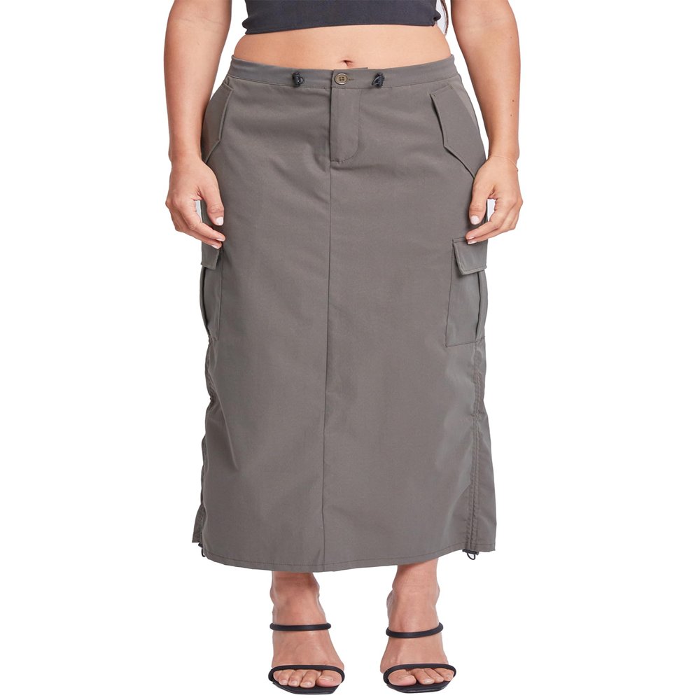 YMI Jeans Women's Midi Cargo Parachute Skirt, Olive, 03