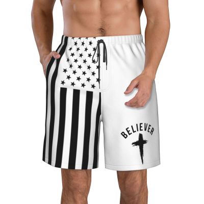 Believer, Christian, Cross, Jesus, Faith, Bible Men's Swim Trunks Swim Shorts Running Shorts Men's Beach Shorts Large White