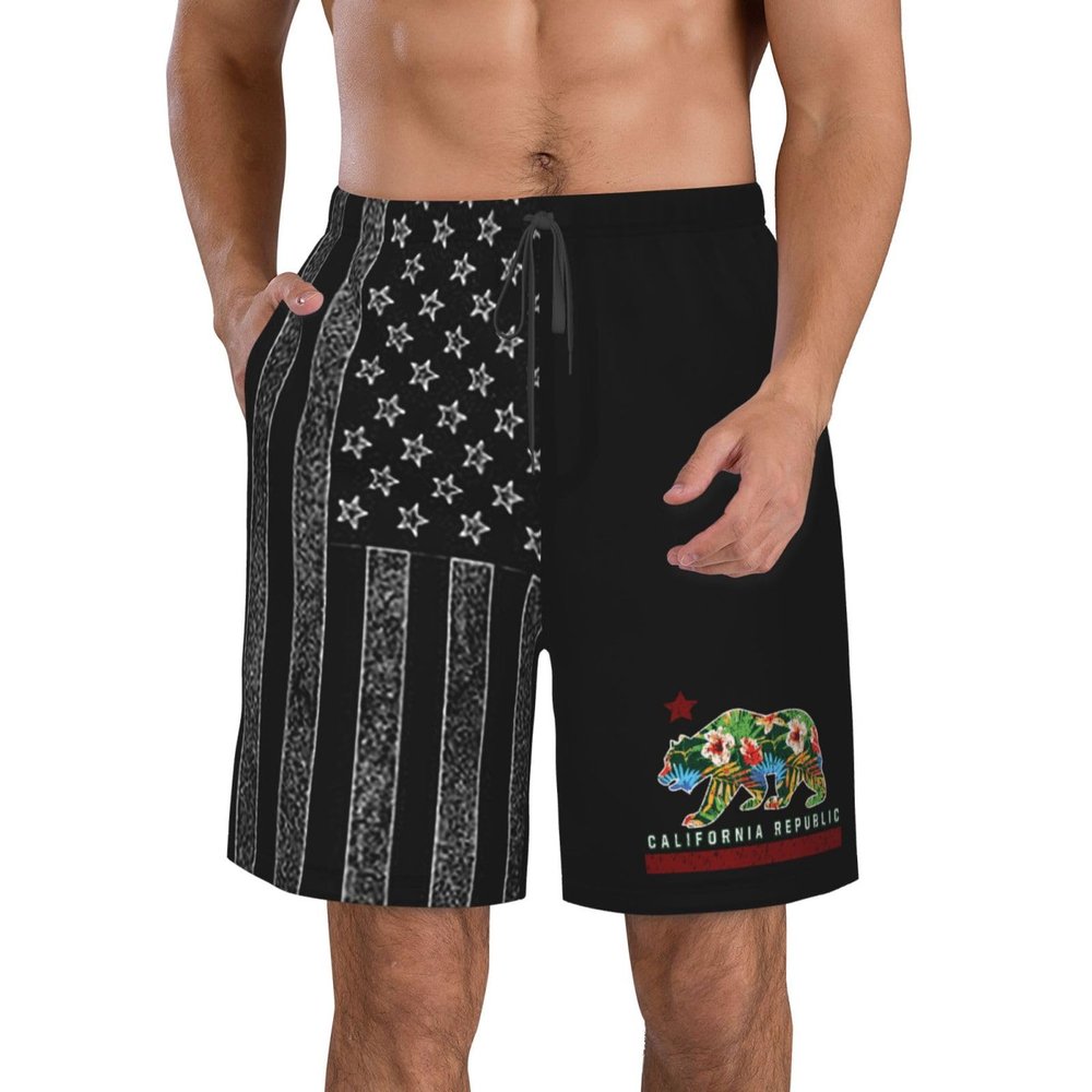 California Republic California Bear I Love Califor Men's Swim Trunks Swim Shorts Running Shorts Beach Shorts 3XL White