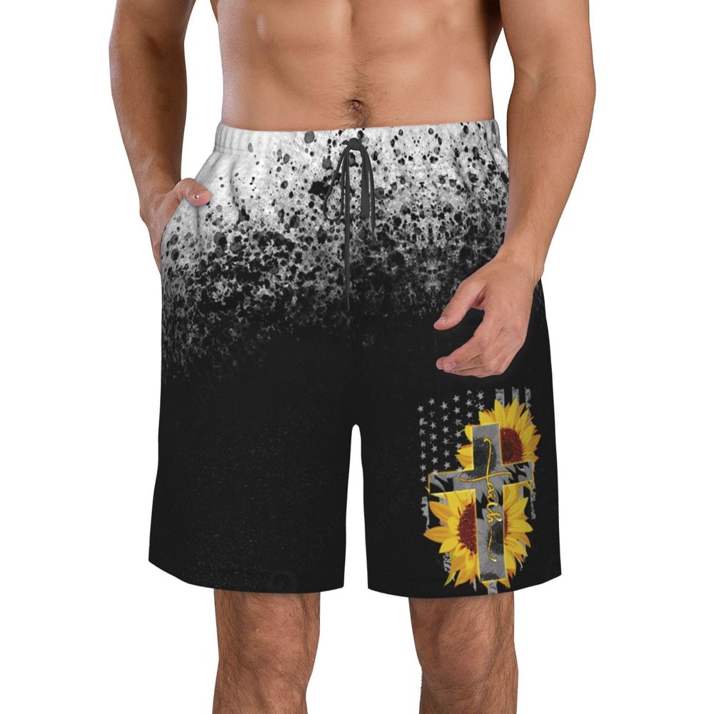 Faith Jesus Cross Sunflowers American Flag Men's Swim Trunks Swim Shorts Running Shorts Men's Beach Shorts Large