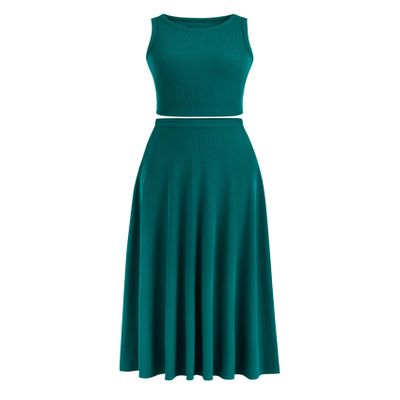 PRETTYGARDEN Women's 2 Piece Maxi Skirt Sets Casual Summer Knit Cropped Tank Top High Waisted Long Skirts Outfit (Blue Green,Small)