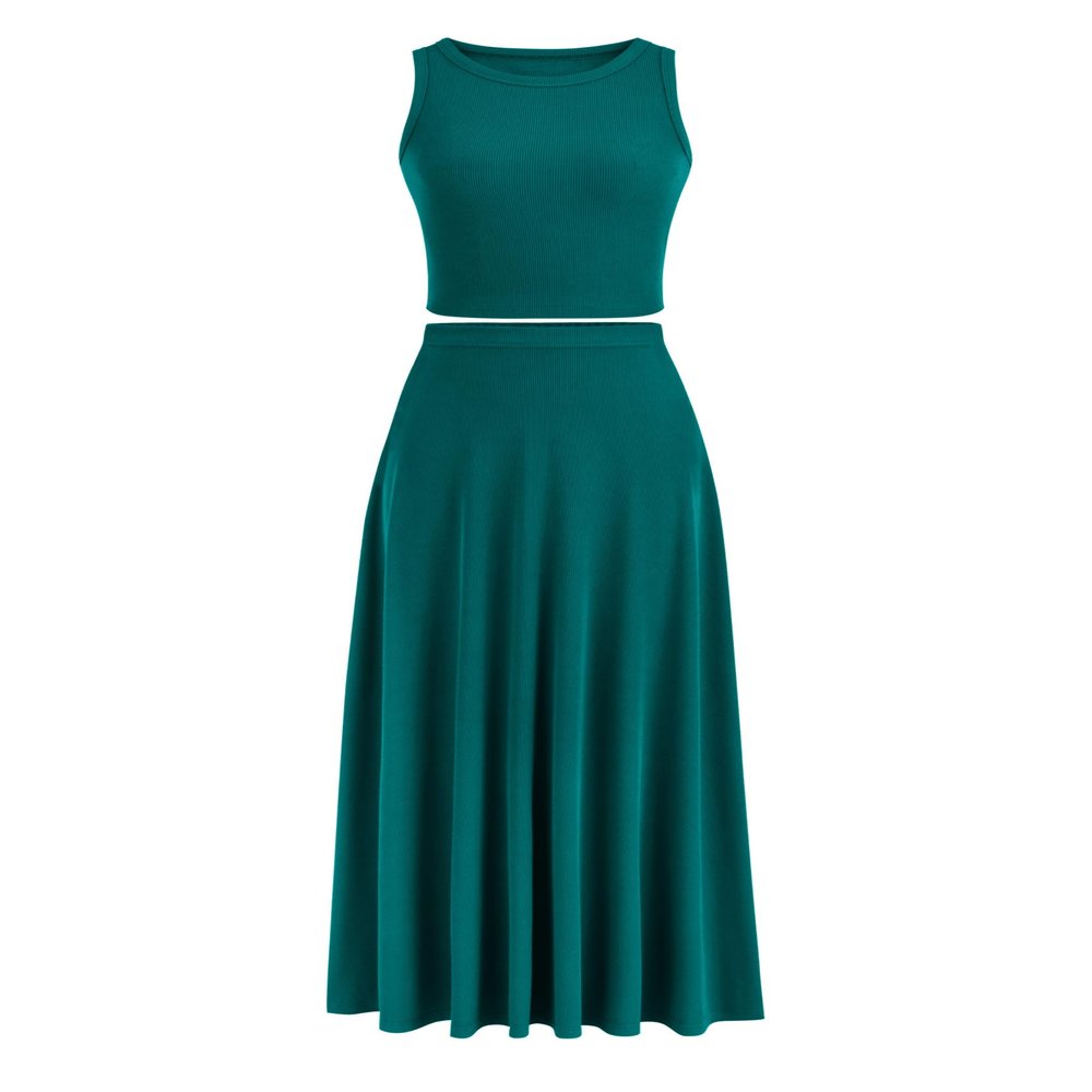 PRETTYGARDEN Women's 2 Piece Maxi Skirt Sets Casual Summer Knit Cropped Tank Top High Waisted Long Skirts Outfit (Blue Green,Small)