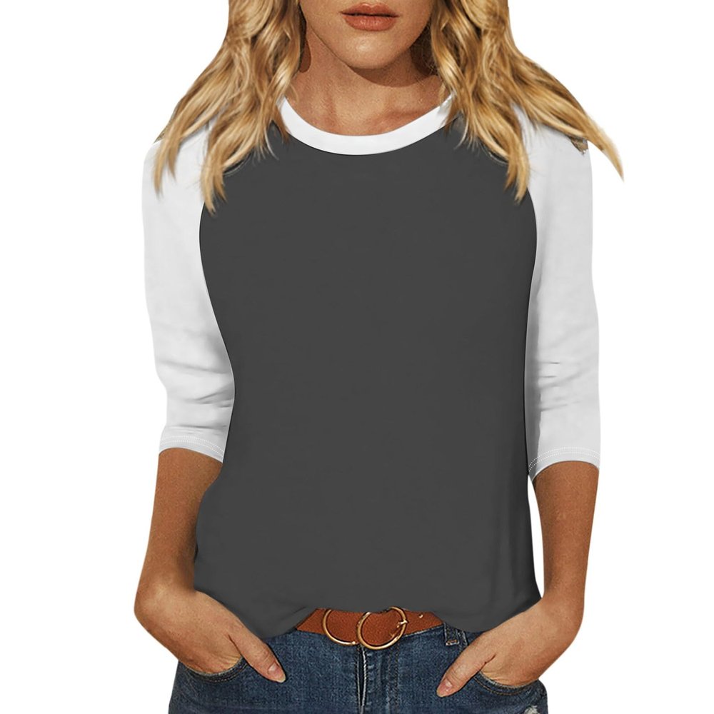 3/4 Sleeve T Shirts for Women Crew Neck Contrast Raglan Shirts Dressy Casual Loose Summer Tops 2025 Trendy Layer Blouses Three Quarter Length Sleeve Tunic Tops to Wear with Leggings Dark Gray
