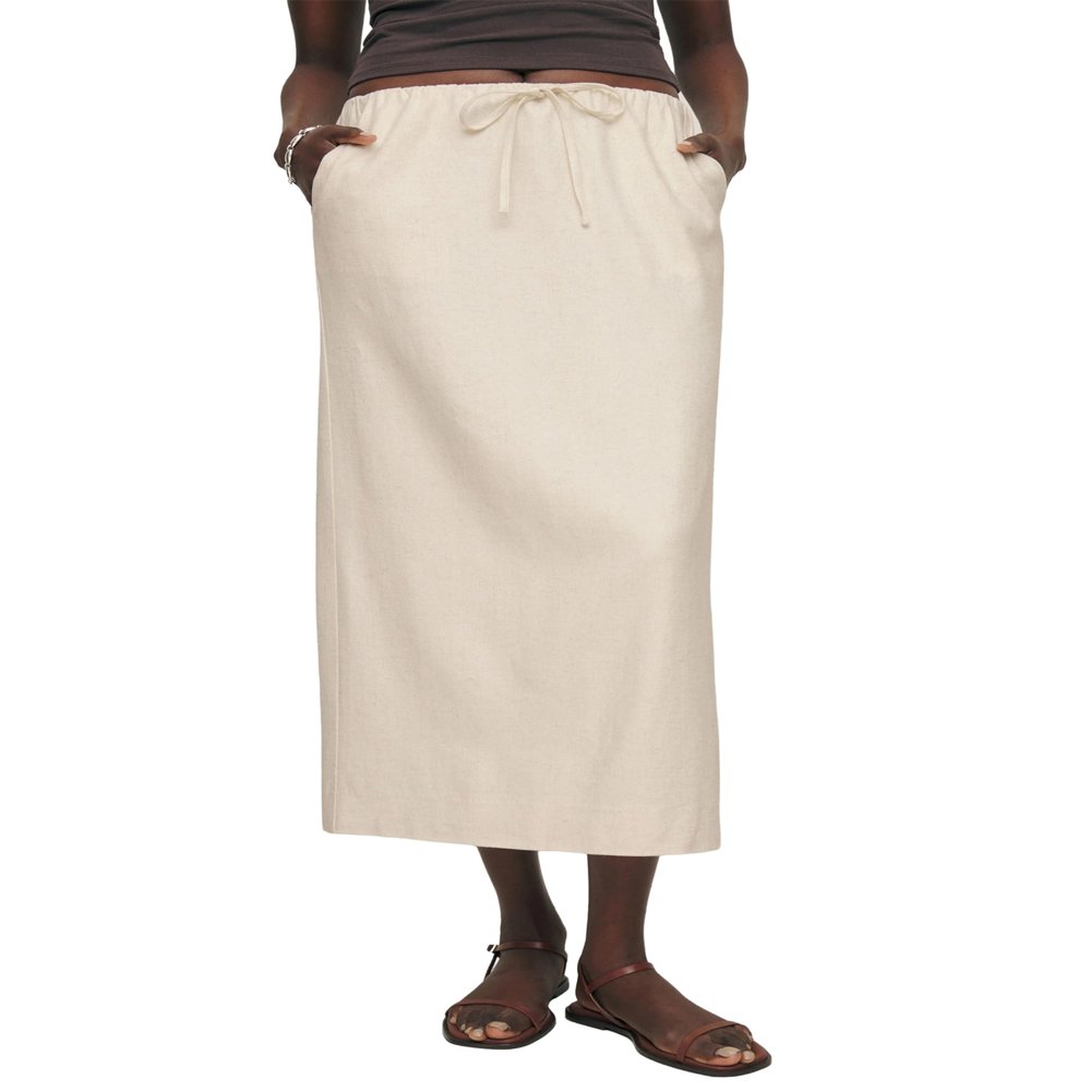 IDEALSANXUN Linen Skirts for Women 2025 Spring Summer Casual Drawstring Lightweight Elastic Waist Midi Long Skirts with Slit, Beige, L