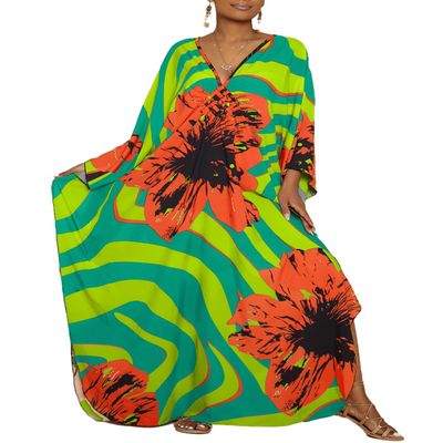 Bsubseach Women Floral Print Kaftan Dresses Plus Size Swimsuit Cover Up 2025 Summer Bathing Suit Caftan Loungewear Beach Dress Green Orange Flowers