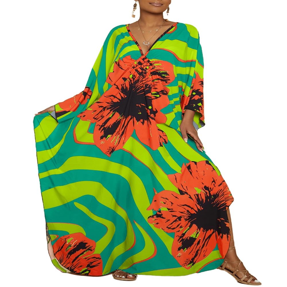 Bsubseach Women Floral Print Kaftan Dresses Plus Size Swimsuit Cover Up 2025 Summer Bathing Suit Caftan Loungewear Beach Dress Green Orange Flowers