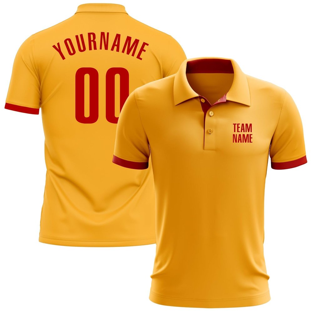 Custom Polo Bowling Darts Golf Shirts for Men Women Youth, Gold Red Personalized Polo Shirts Printed Name Number Logo
