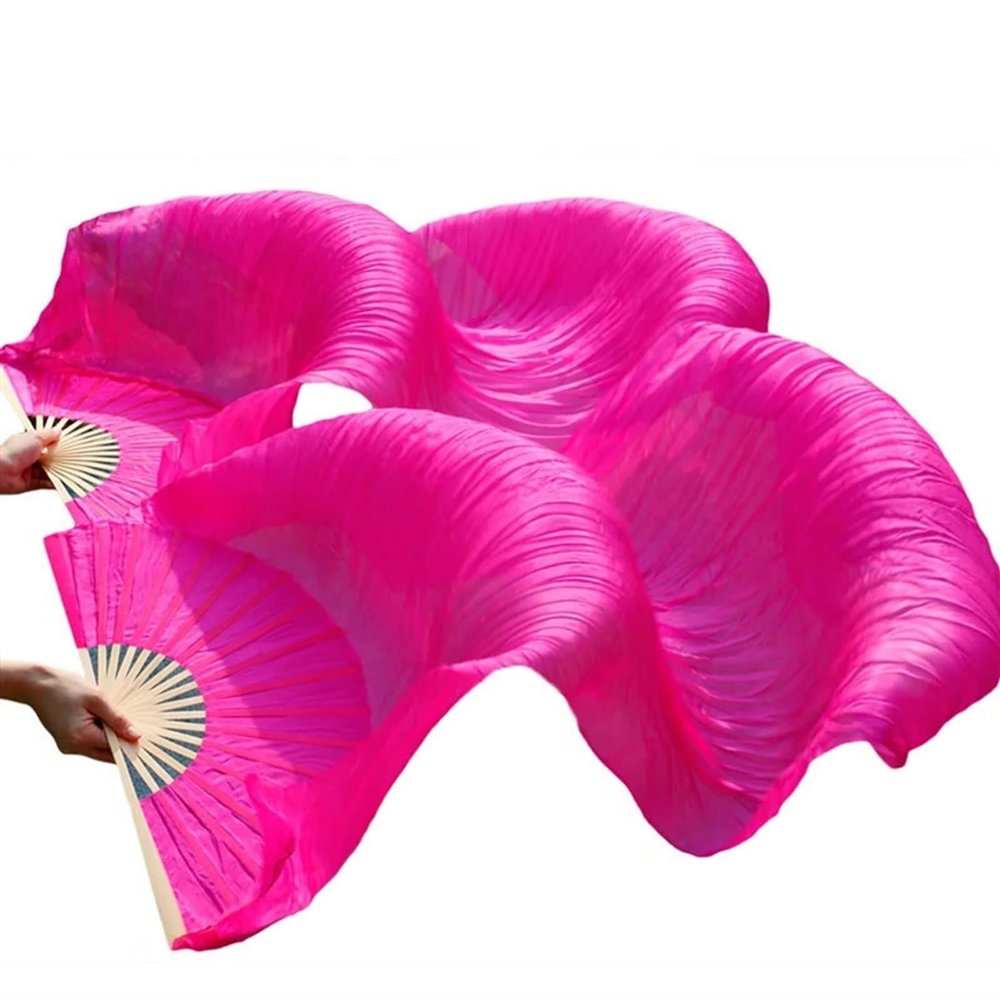 LZCSXON 1 Pair(Left+Right) Belly Dance Fan Artificial Silk Bamboo Fans,Colorful Dancing Fabric Fans,Long Folding Belly Dance Fans for Dancing,Length 180cm Width 90cm. (Rose)