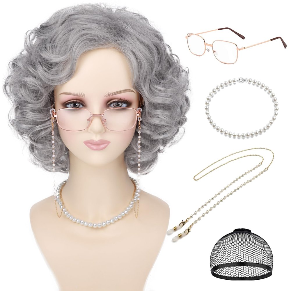 Tereshar Old Lady Costume Wig and Accessories 5pcs Set for Women Grey Curly Granny Wigs Heat Resistant Grandma Wigs for 100 Days of School Cosplay Party Halloween Or Fun