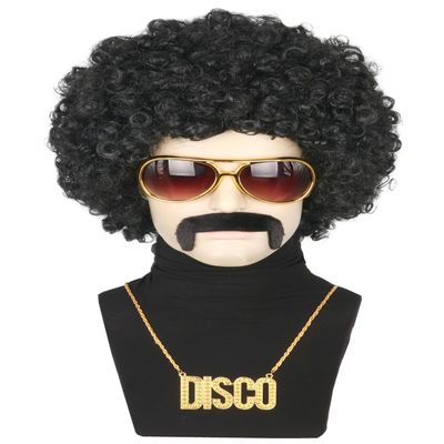 5pcs Set 70s 80s Disco Hippies Wig for Men or Women Afro Wig Rock Party Outfit Short Curly Wigs Halloween Costume Accessories (Black)