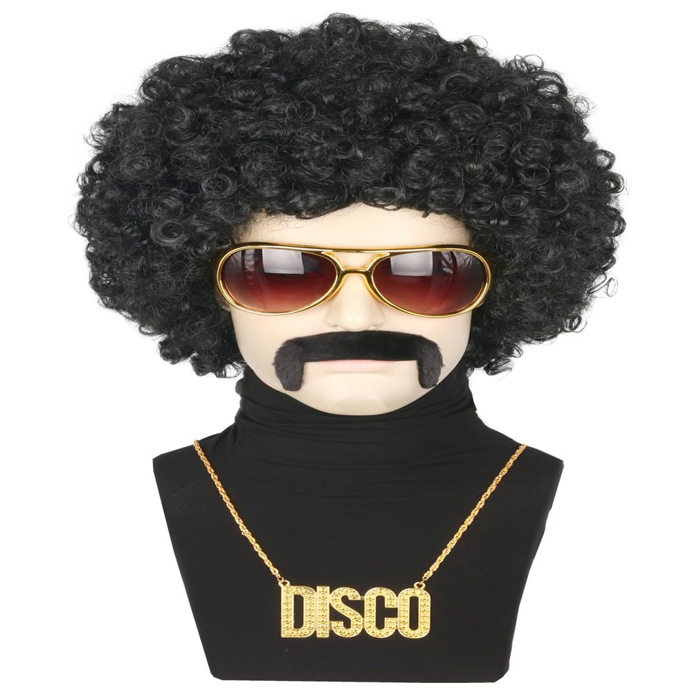 5pcs Set 70s 80s Disco Hippies Wig for Men or Women Afro Wig Rock Party Outfit Short Curly Wigs Halloween Costume Accessories (Black)