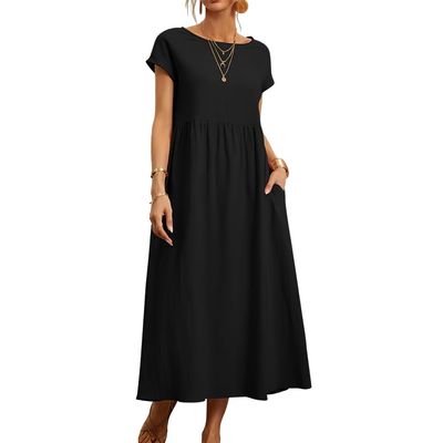 Akivide Women's Summer Cotton Linen Short Sleeve Dress Crew Neck Loose Casual Tunic Beach Dresses with Pockets
