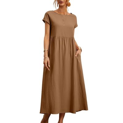 Akivide Women's Summer Cotton Linen Short Sleeve Dress Crew Neck Loose Casual Tunic Beach Dresses with Pockets