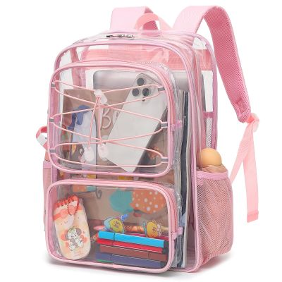 Esfoxes Clear School Backpack for Girls Women, Kids Teens Heavy Duty See Through College Bookbag Transparent School Bag (Light Pink)