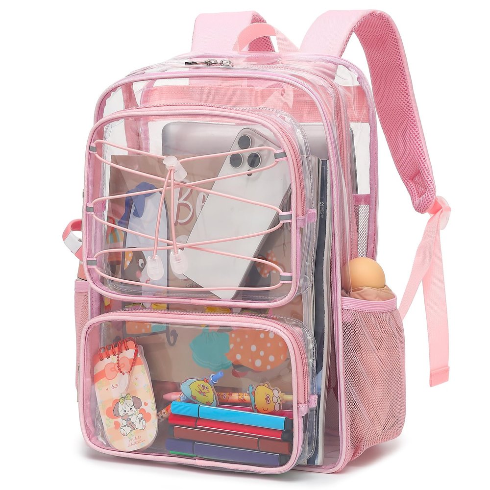 Esfoxes Clear School Backpack for Girls Women, Kids Teens Heavy Duty See Through College Bookbag Transparent School Bag (Light Pink)