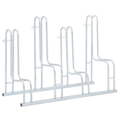 vidaXL Silver Freestanding Bicycle Stand for 4 Bikes - Galvanized Steel Bike Rack for Indoor/Outdoor Use, Space-Saving Design with Secure Mounting