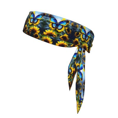 YYHWHJDE Sports Head Tie Made of Cotton Straps for Men & Women Moisture Wicking Athletic for Running, Gym, Working Out Sunflower Blue Butterfly Pattern, Black