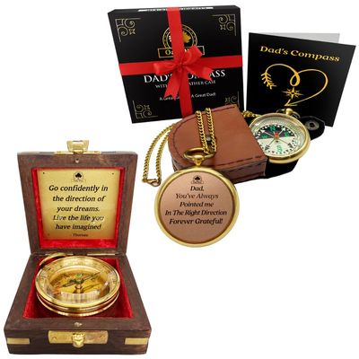 Dream Chaser Compass in Wooden Box & Dad's Pocket Watch Compass in Leaather Case - Unique Gifts for Father's Day, Graduation, and Birthdays - Inspirational Compass Gift Bundle: