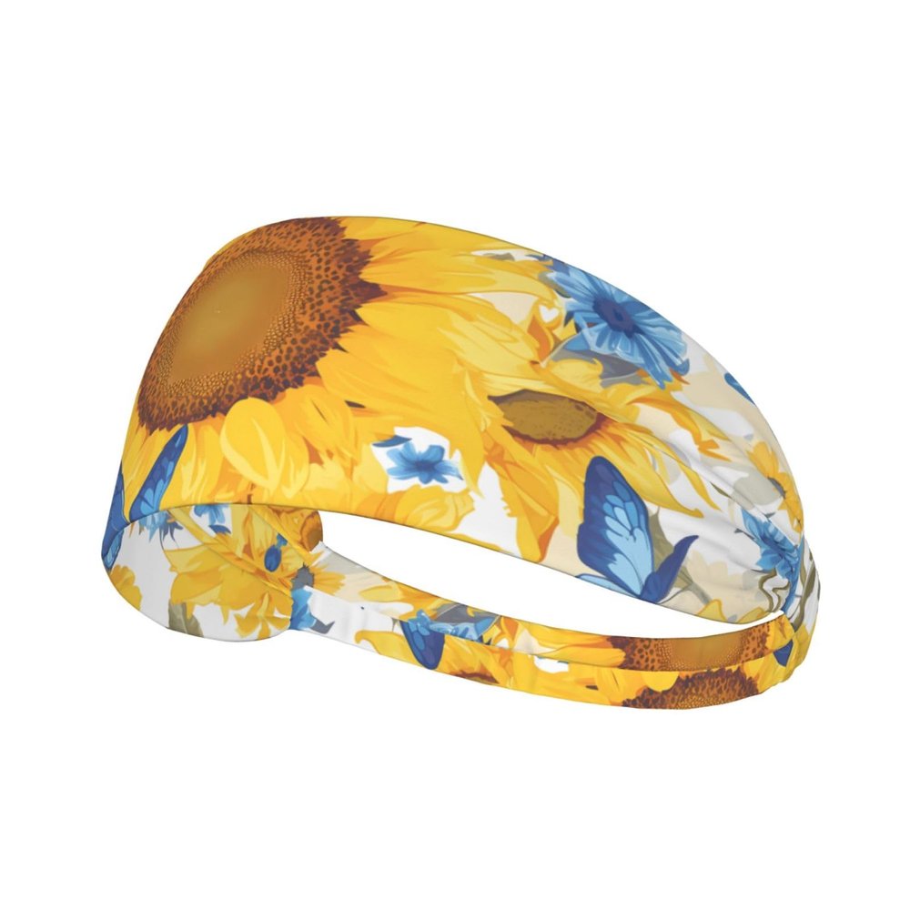 YYHWHJDE Elastic Unisex Sports Headband Moisture Wicking Athletic for Running, Working Out,Outdoor Sports Yellow Sunflowers with Blue Butterflies Printing, Black